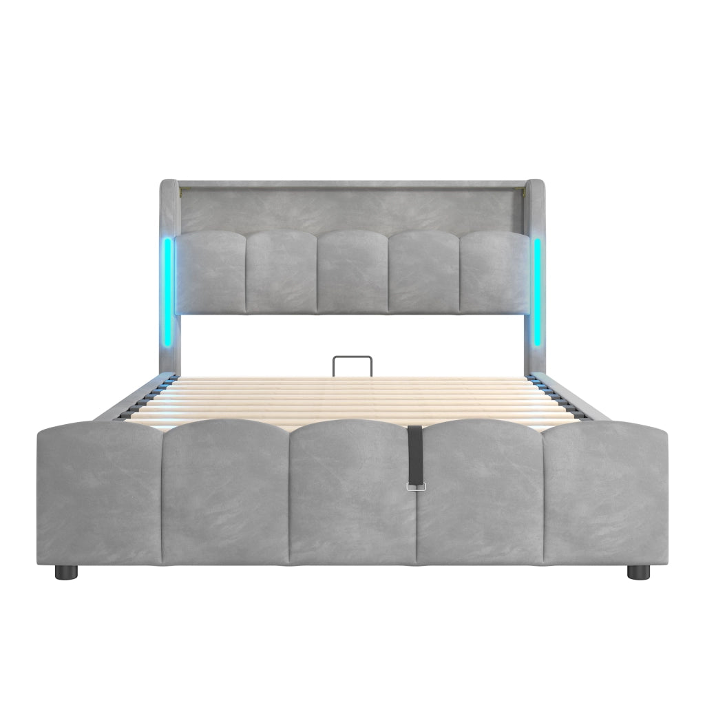 Letti contenitori 140x200 cm; con luci LED e vano contenitore; velluto; grigio (Senza materasso)