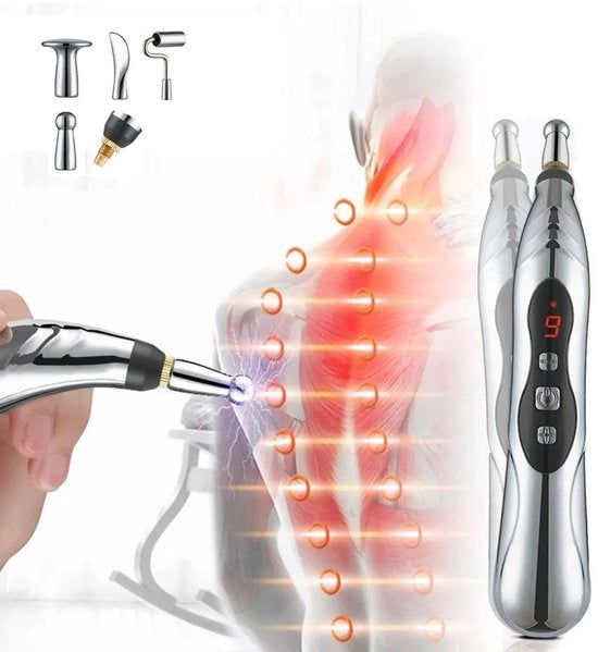 Penna per acupressione, massaggio pulsante microelettrico, 9 livelli di intensità, 5 testine di massaggio, interfaccia USB, posizionamento automatico dei punti di acupressione, acupressione senza ago.