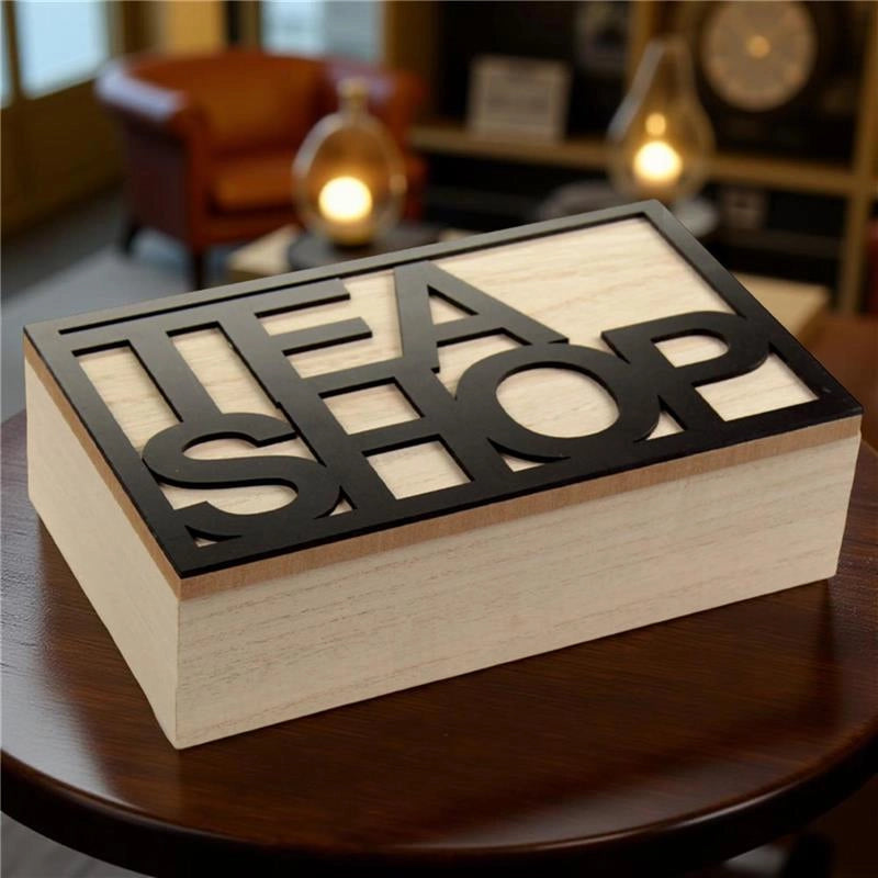 CONTENITORE PORTA TISANE, TÈ -  SCATOLA IN LEGNO STILE ELEGANTE, LEGNO NATURALE, "TEA SHOP" 22 X 13 X 7H CM