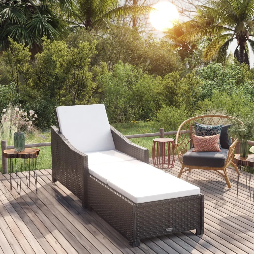 Lettino Prendisole | Sdraio da giardino | Lettino da sole con Cuscino Bianco Crema in Polyrattan Nero