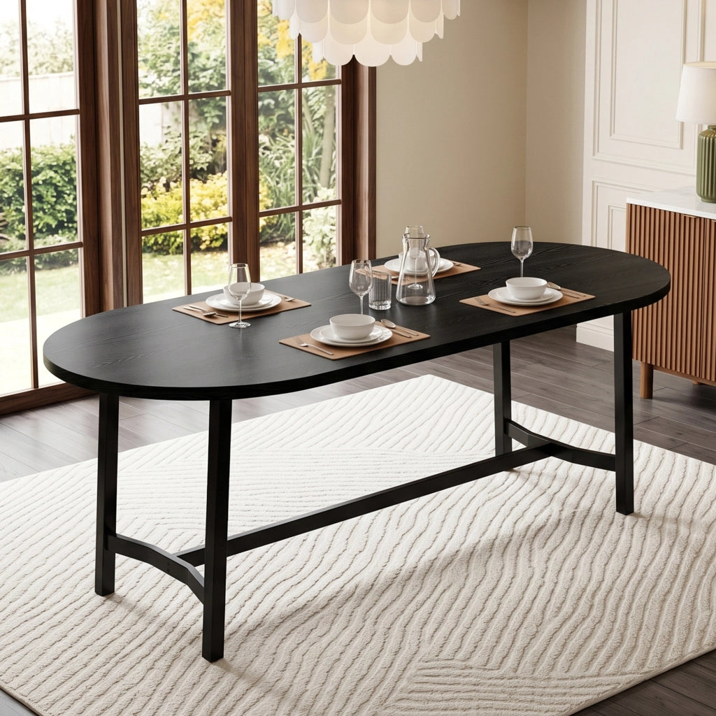 Tavolo da pranzo 180x80 cm in MDF e ferro, per 6-8 persone, nero, angoli arrotondati