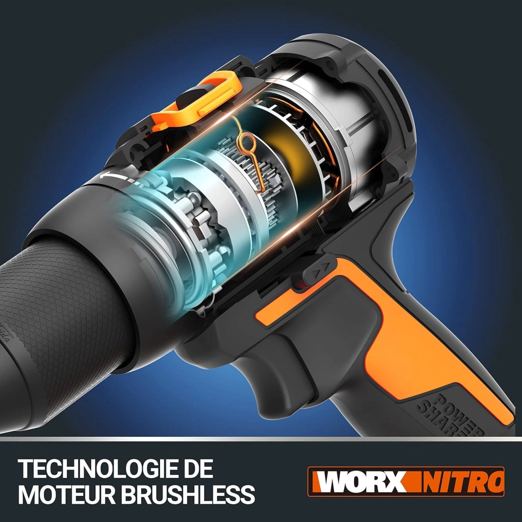 NITRO WX102.9 - Trapano Avvitatore a Batteria 20V, Senza Spazzole, 60 Nm, Trasmissione a 2 Marce, Luce LED, per Foratura e Viti, Senza Caricatore