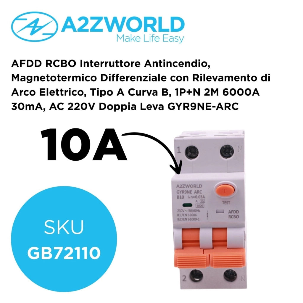 A2ZWORLD AFDD RCBO Interruttore Antincendio, Magnetotermico Differenziale con Rilevamento di Arco Elettrico, Tipo A Curva B, 1P+N 2M 6000A 30mA, AC 220V Doppia Leva GYR9NE-ARC (B10A)