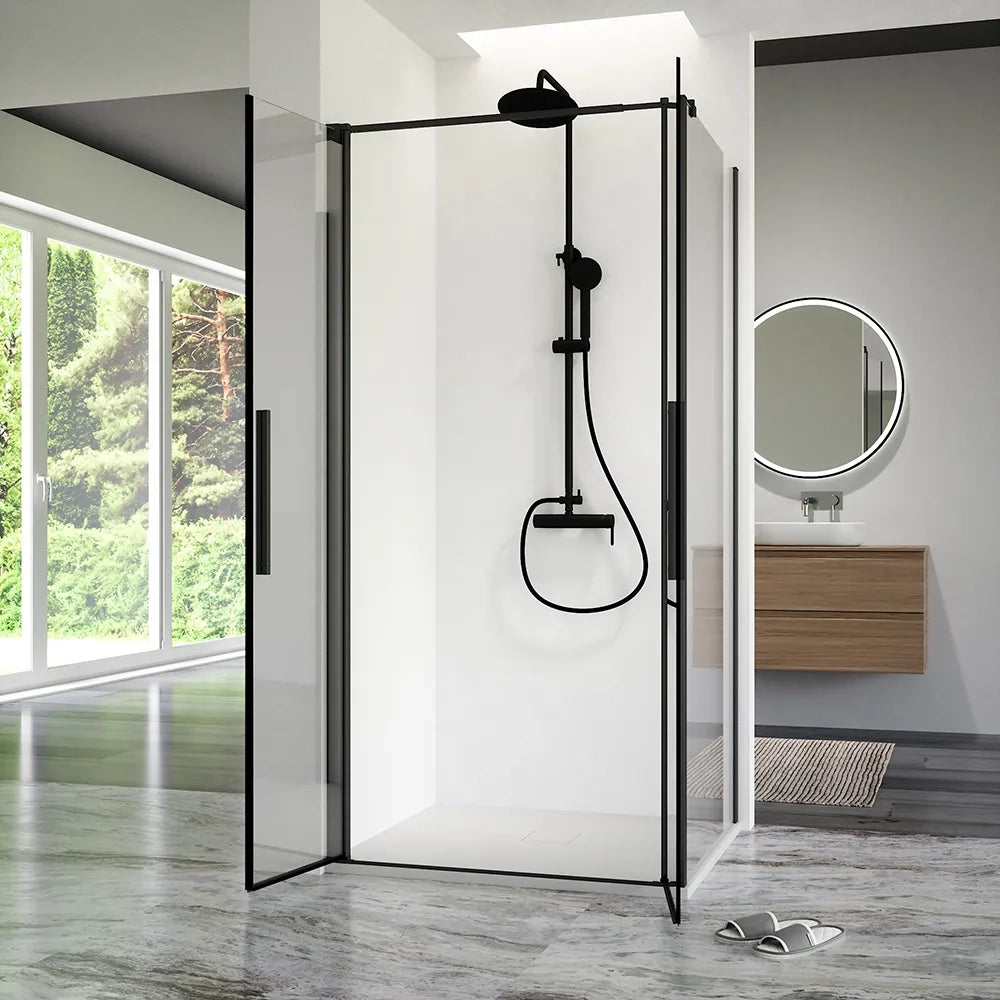 Box doccia 90x90cm con apertura saloon e parete fissa, profili nero opaco e vetro da 6mm trasparente h195 | Elba