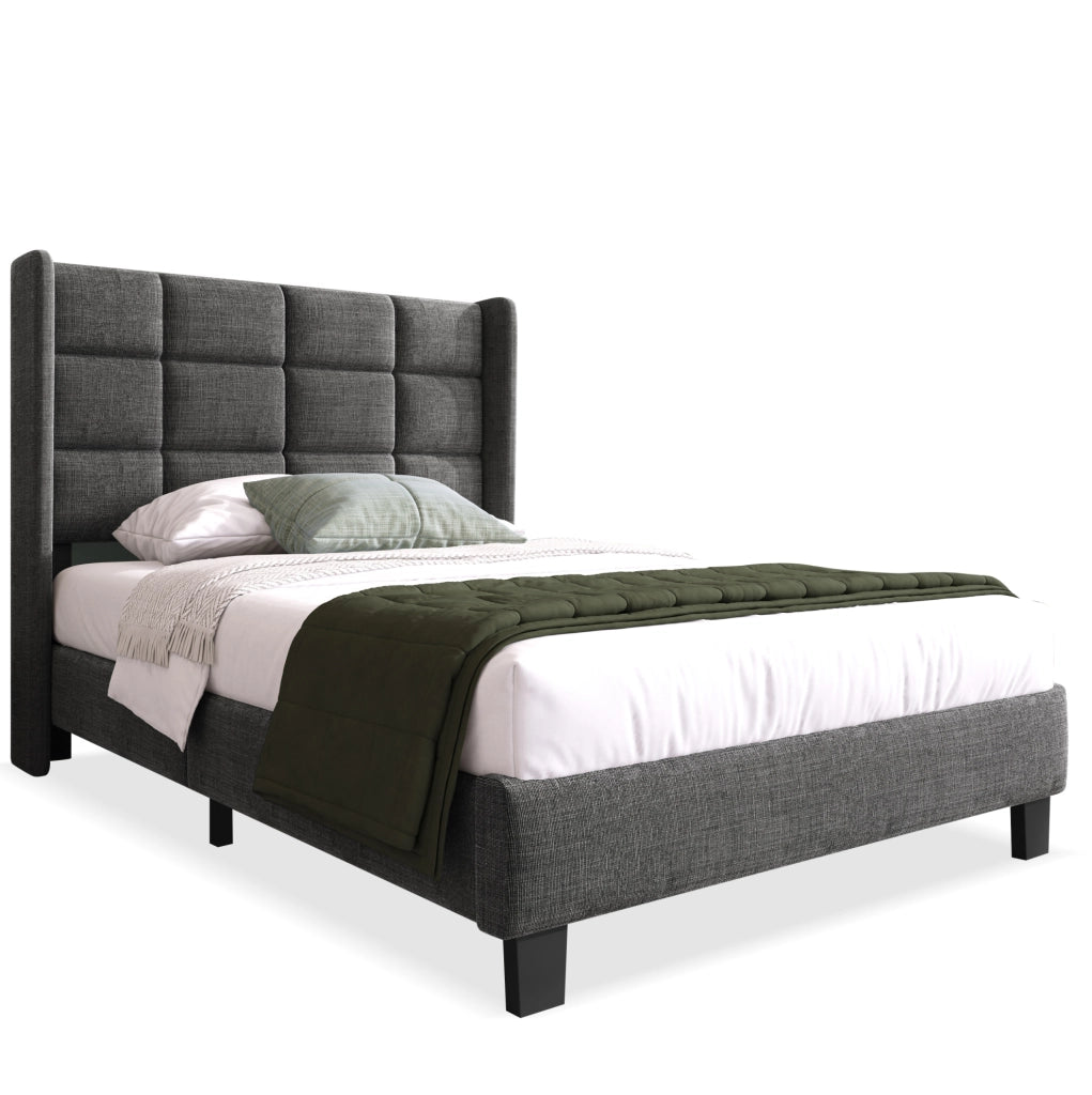 Letto singolo imbottito 90x200 cm in lino grigio con rete e materasso a molle insacchettate