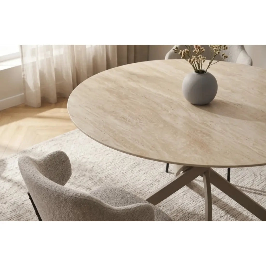 Tavolo da pranzo rotondo ARAVIS 120 cm - Ceramica beige effetto pietra e gambe design marrone