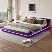 Letto basso a pavimento 160 x 200 cm in PU, luce ambiente LED - Nero