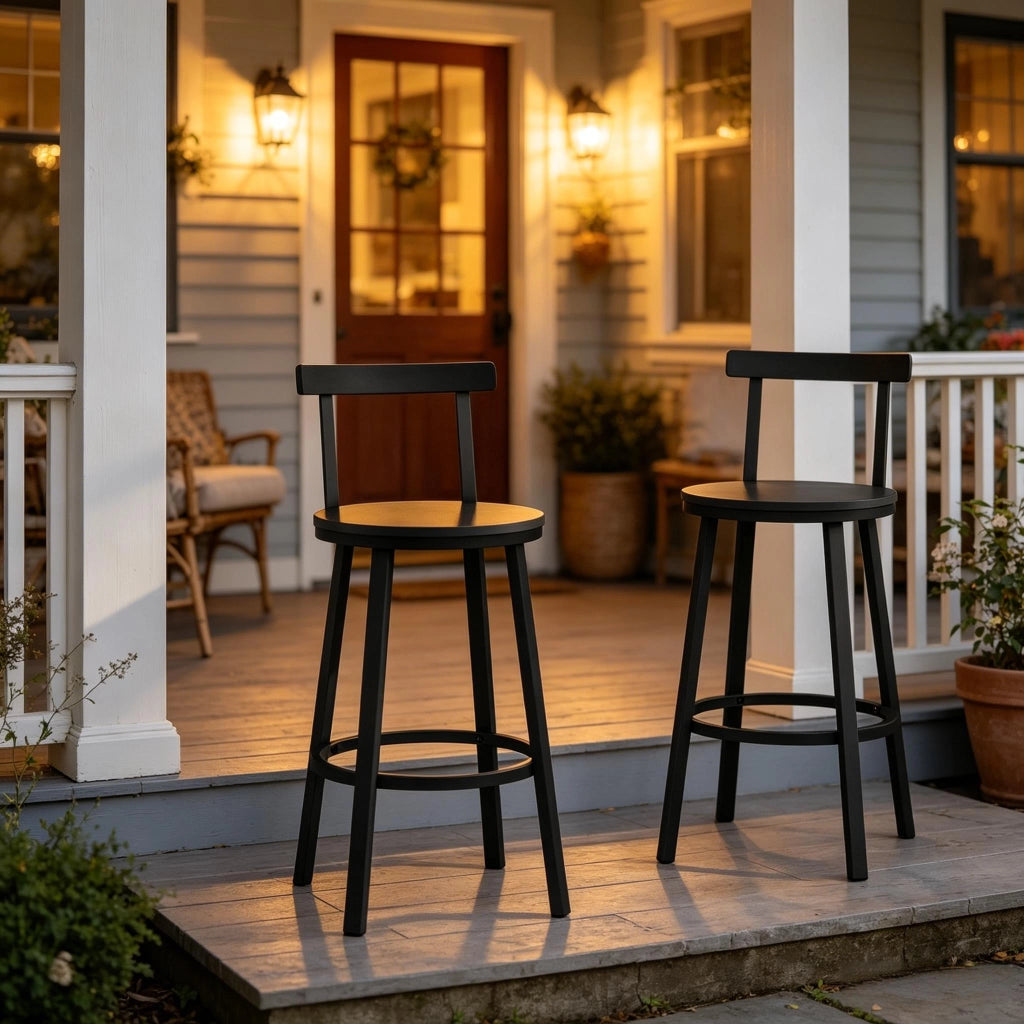 Sgabello da bar con schienale curvo e poggiapiedi, set di 2, altezza seduta 65 cm, in MDF e metallo, nero