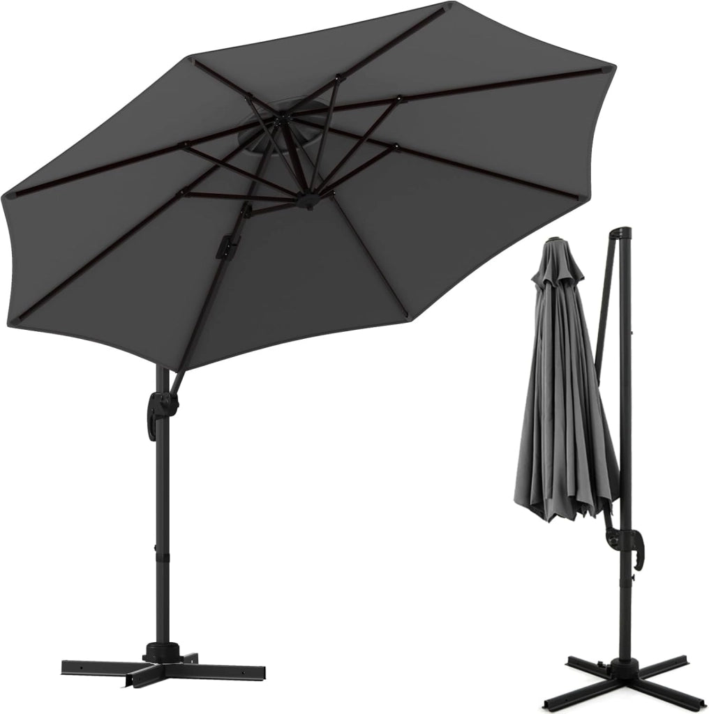 Ombrellone da Giardino 3m a 360° con 5 Angoli di Inclinazione Regolabili, Ombrellone Parasole da Balcone con Base a Croce, 8 Osse e Manovella, per Patio, Spiaggia, Piscina