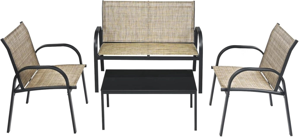 Set da Giardino con 4 Pezzi, Set da Giardino per Chiacchierare, Sedie da Giardino con Tavolino in Vetro, con Struttura Resistente in Ferro, Tessuto a Rete Traspirante (Marrone)