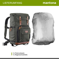 Mantona Luis Retro Zaino fotografico verde, per fotocamera con copertura antipioggia, borsa fotografica con scomparto per laptop, DSLR, 3 obiettivi e accessori fotografici