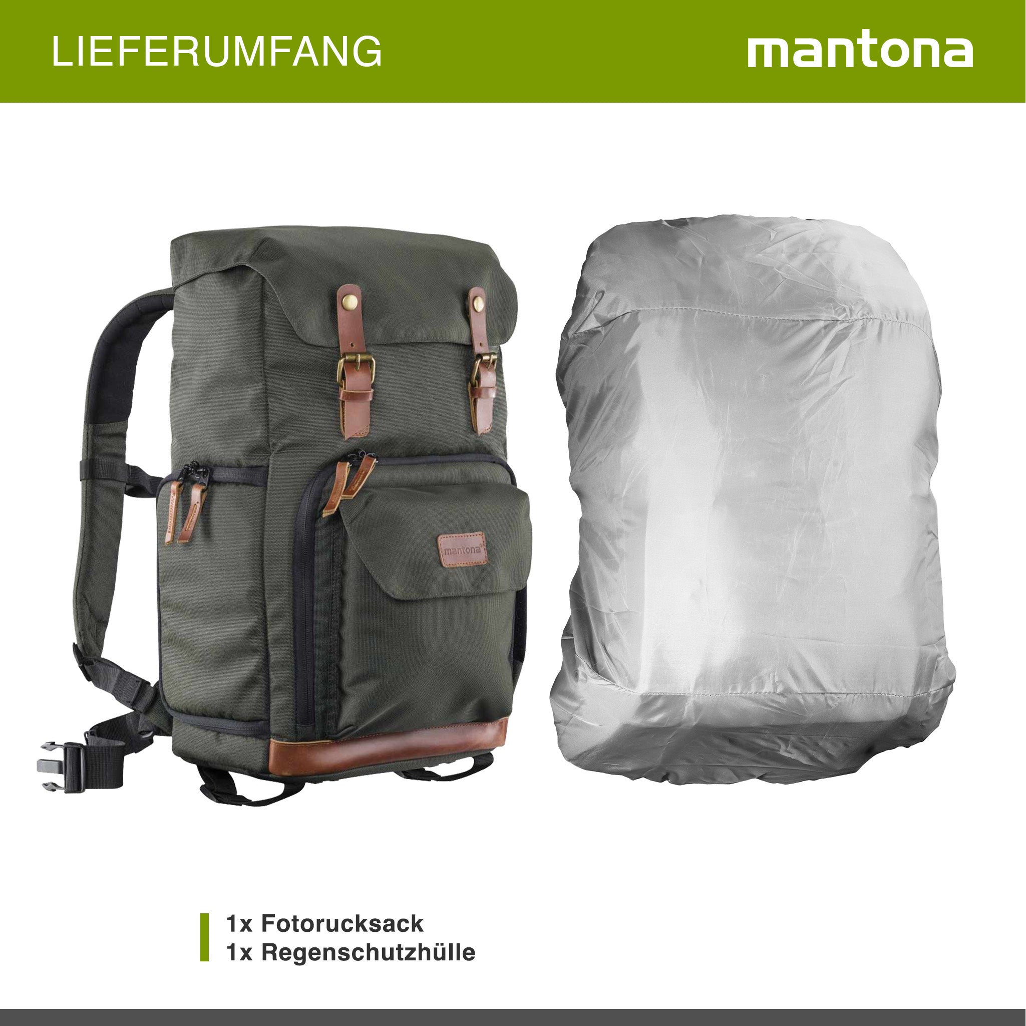 Mantona Luis Retro Zaino fotografico verde, per fotocamera con copertura antipioggia, borsa fotografica con scomparto per laptop, DSLR, 3 obiettivi e accessori fotografici