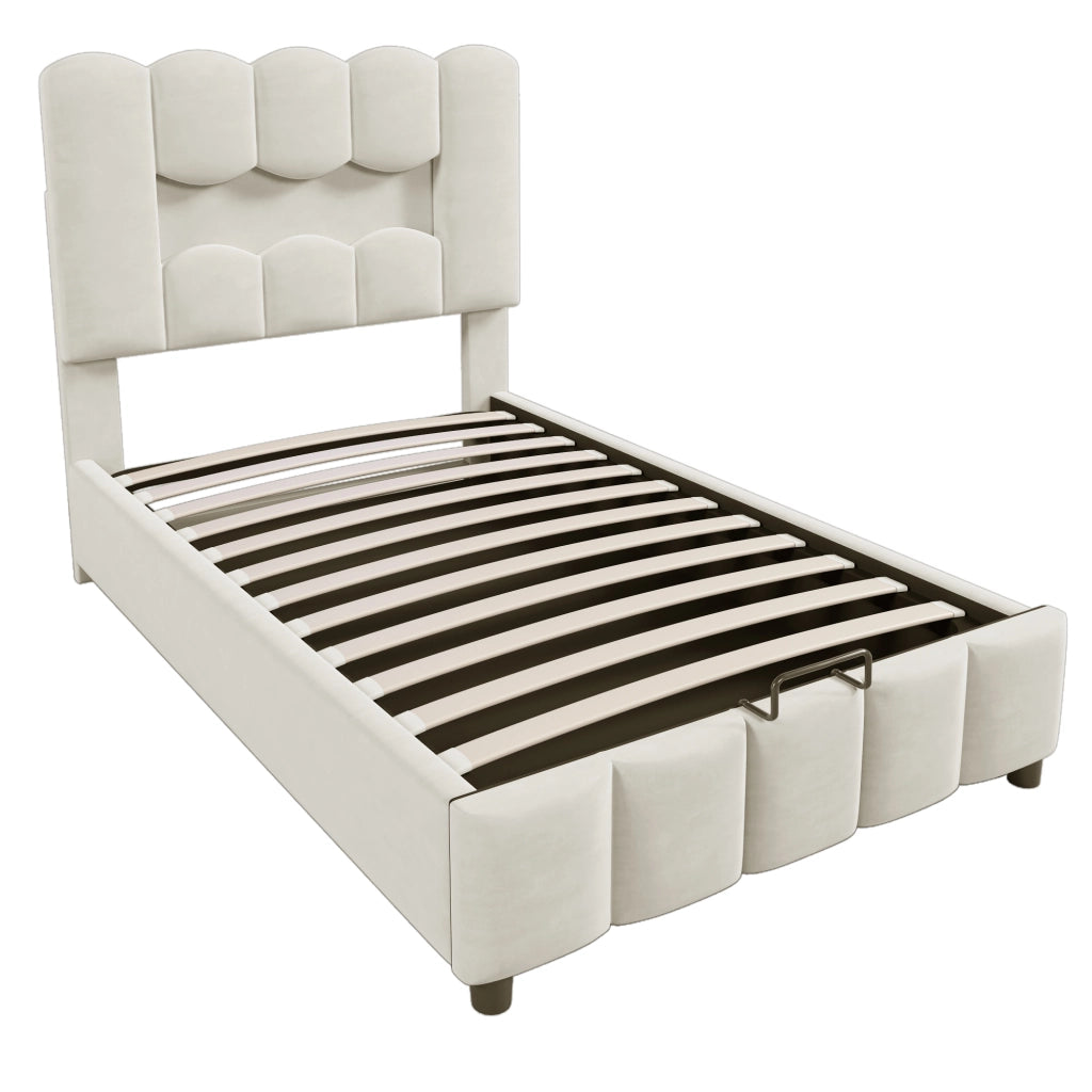 Letto contenitore singolo 90×200 cm con LED e testiera regolabile; senza materasso; velluto; beige