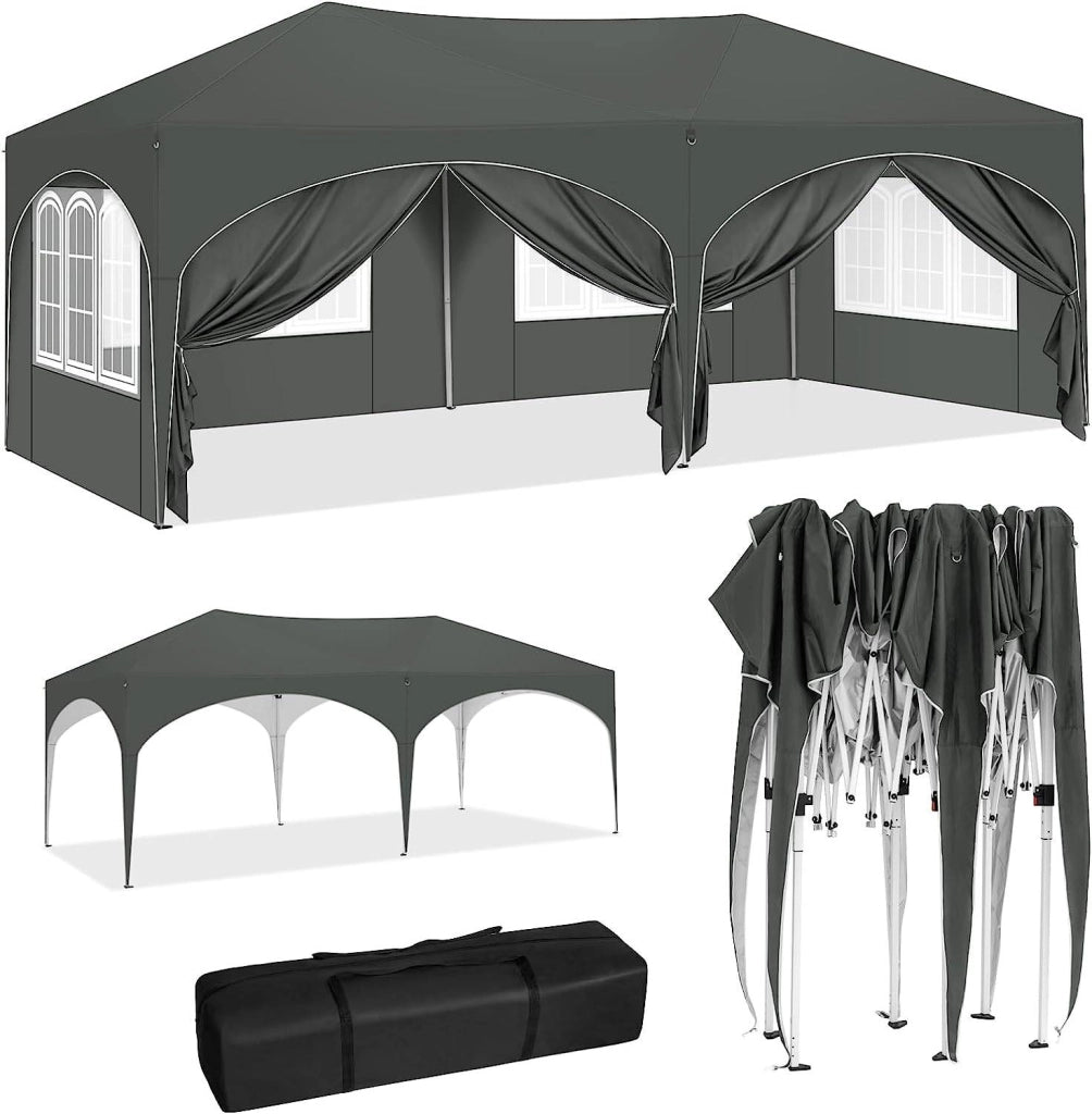 Gazebo 3x6 m grigio con 6 pareti laterali, tetto impermeabile e protezione UV