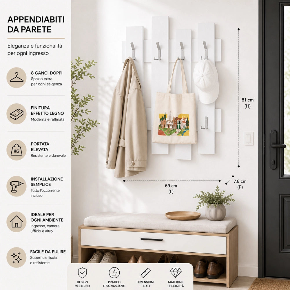 Appendiabiti da Muro Attaccapanni Montaggio a Parete H79xl64xP4 cm Bianco