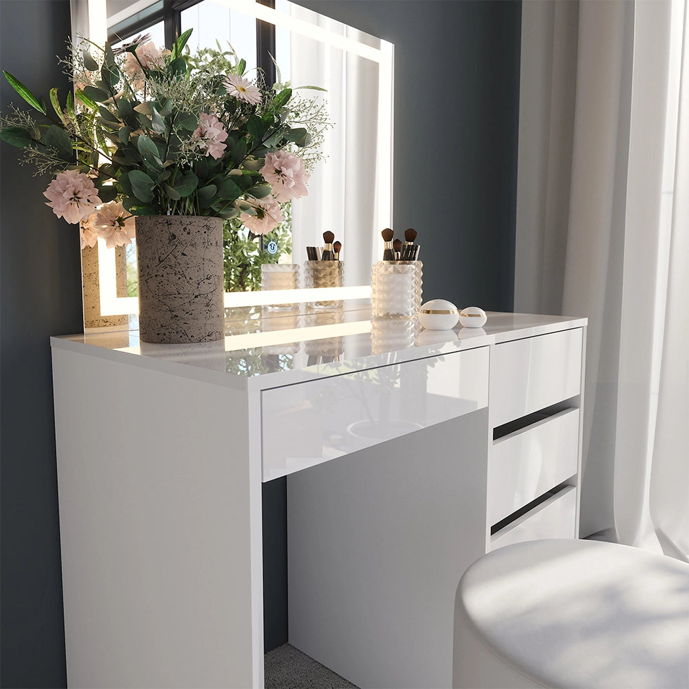 Vicco Tavolo da toeletta Bianco/bianco lucido 89.8 cm con specchio LED e sgabello