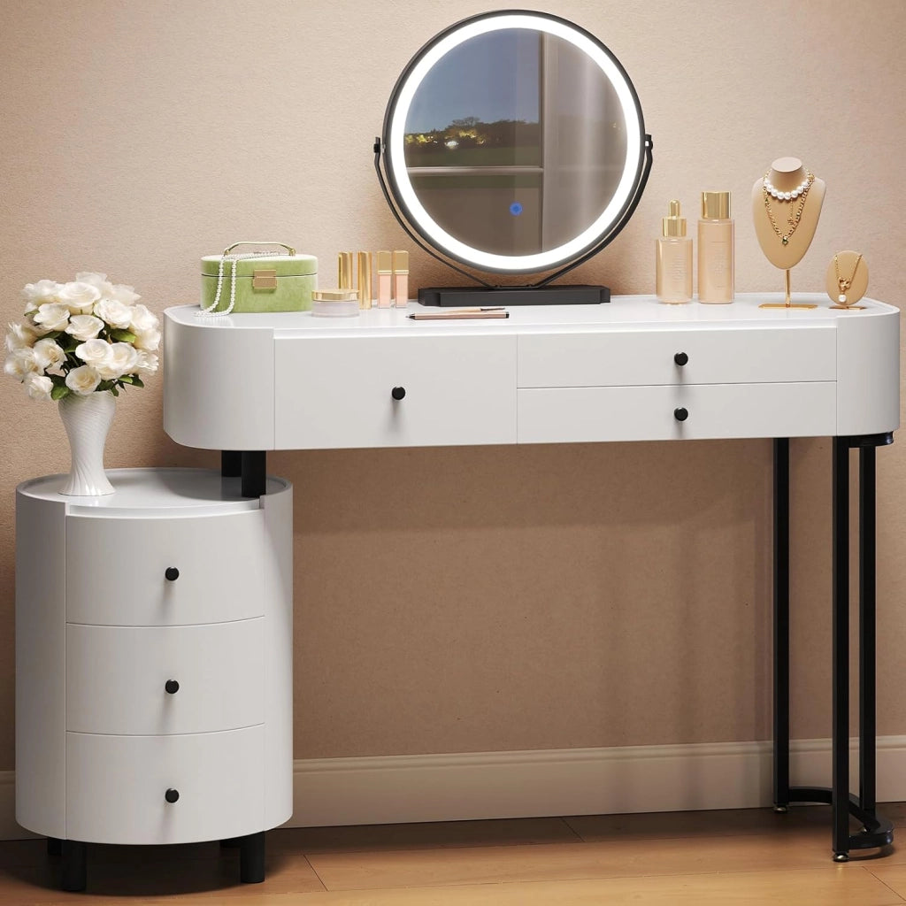 WOLTU Toeletta con Illuminazione a Led e Specchio, Postazione da Trucco con 3 Cassetti in Legno Massiccio, 1 Mobile Laterale Flessibile, Piano Lucido, Bordo in PVC, Facile da Montare, Moderno, Bianco