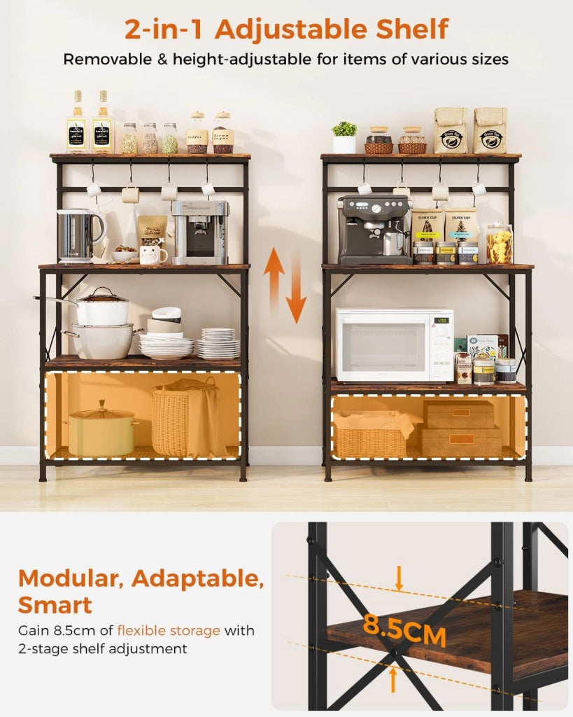 Scaffalatura, Scaffale Cucina, Scaffale a Piede, Scaffale per Microonde, Scaffale Spezie, Libreria con Protezione Anti-Ribaltamento, Mobile con 4 Ripiani, 8 Ganzi a S, 80x40x126cm, Marrone