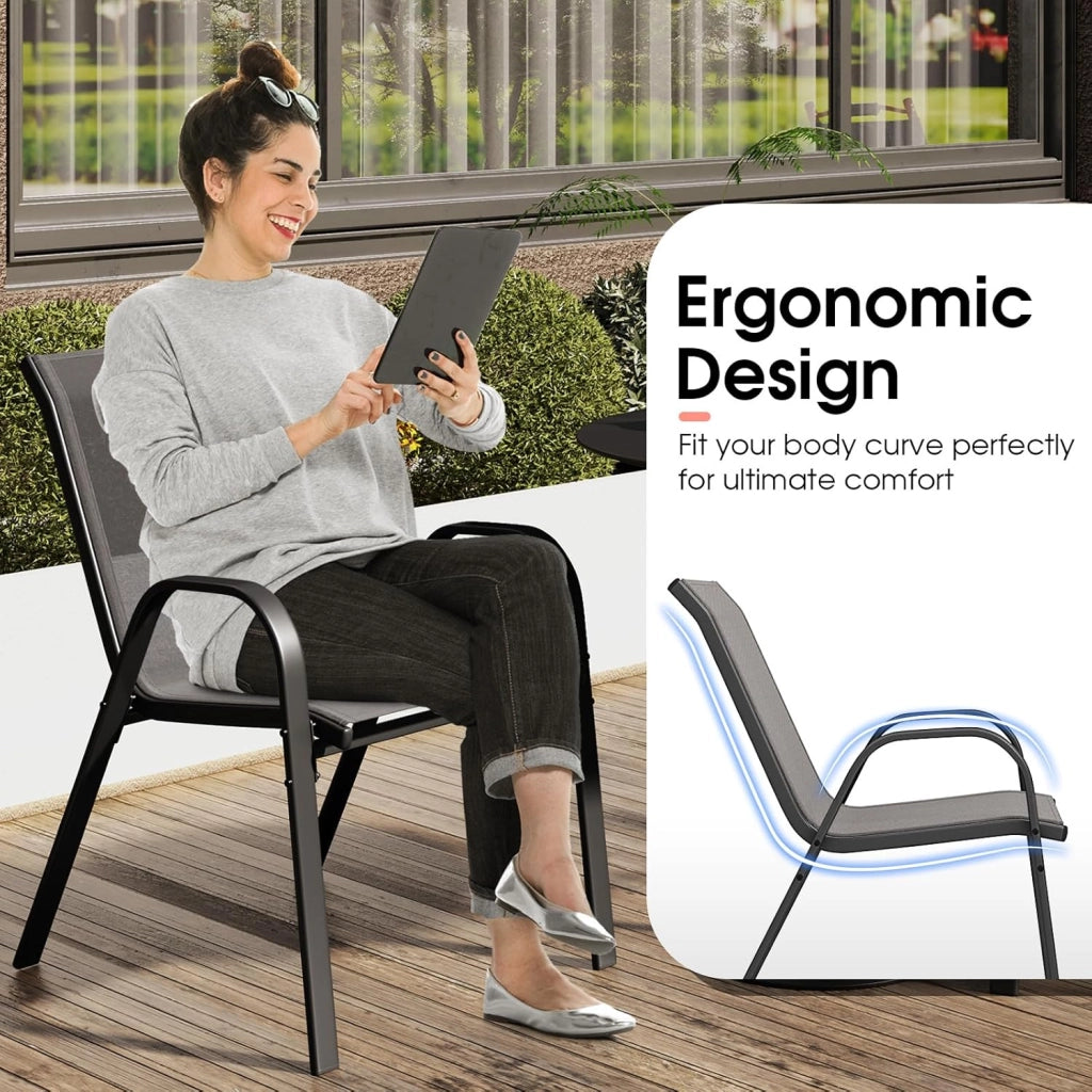 Set di 2 Sedie Impilabili, Sedia da Giardino con Corrimano, Telaio in Acciaio Tubolare Verniciato a Polvere, Sedia per Giardino e Patio