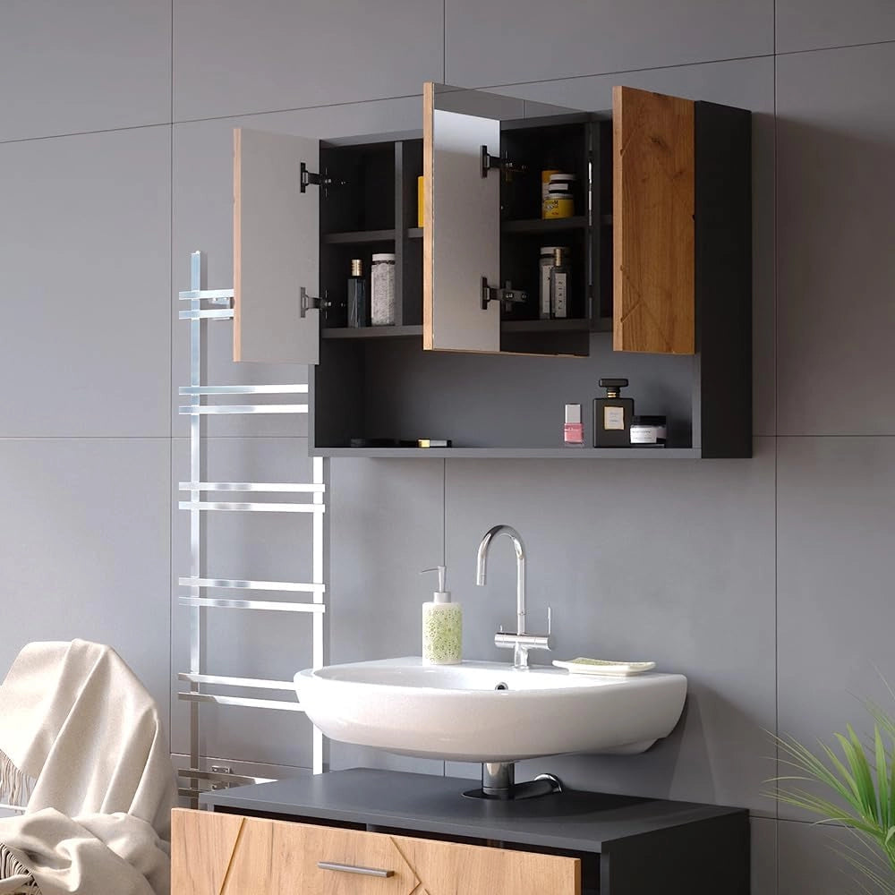 Specchio contenitore bagno Irma, Quercia dorata/antracite, 80.1 x 55 cm, con specchio e ripiani aperti per montaggio a parete