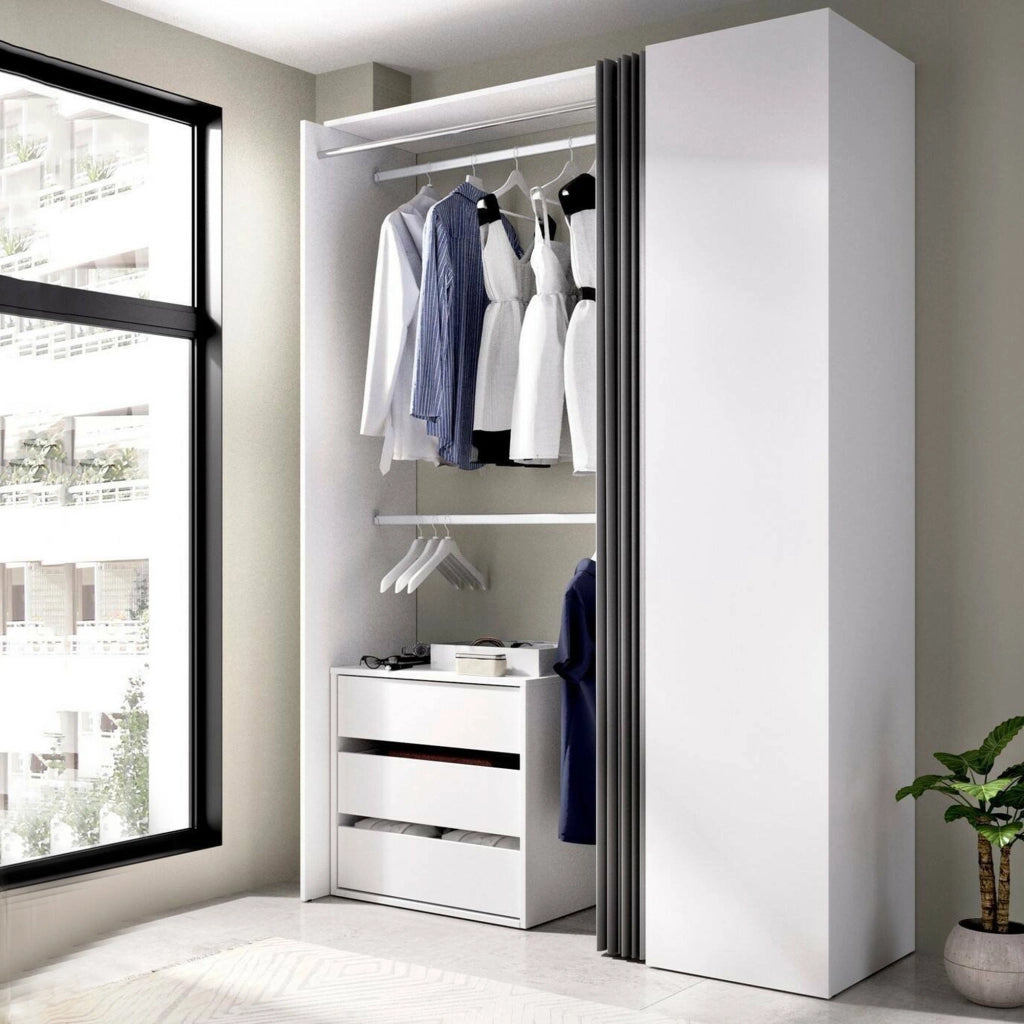 Guardaroba Annuck, Struttura per cabina armadio, Mobile appendiabiti aperto, 141x52h205 cm, Bianco e Antracite