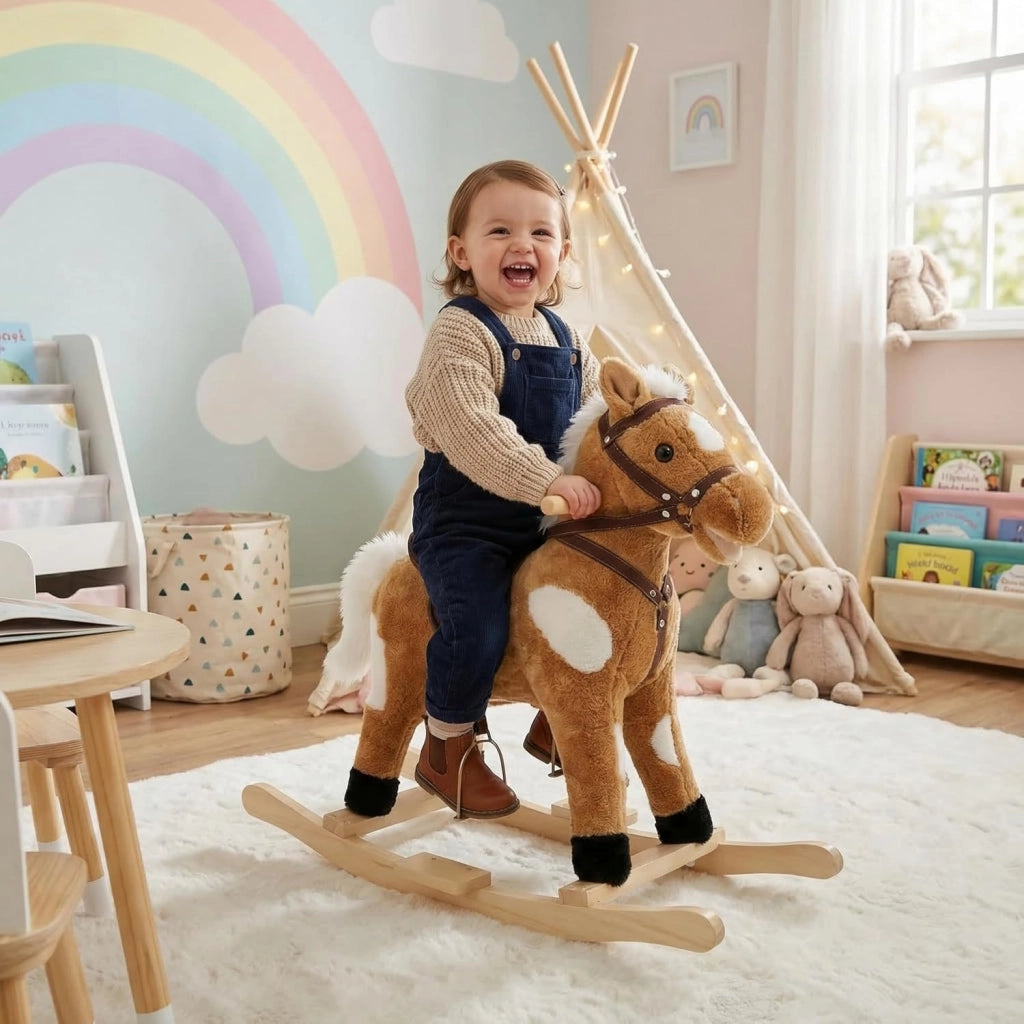 Cavallo a Dondolo in Legno per Bambini, Cavalluccio Cavalcabile in Peluche con Suoni, Giocattolo Regalo per Bimbi 1/2/3 Anni, Marrone e Bianco