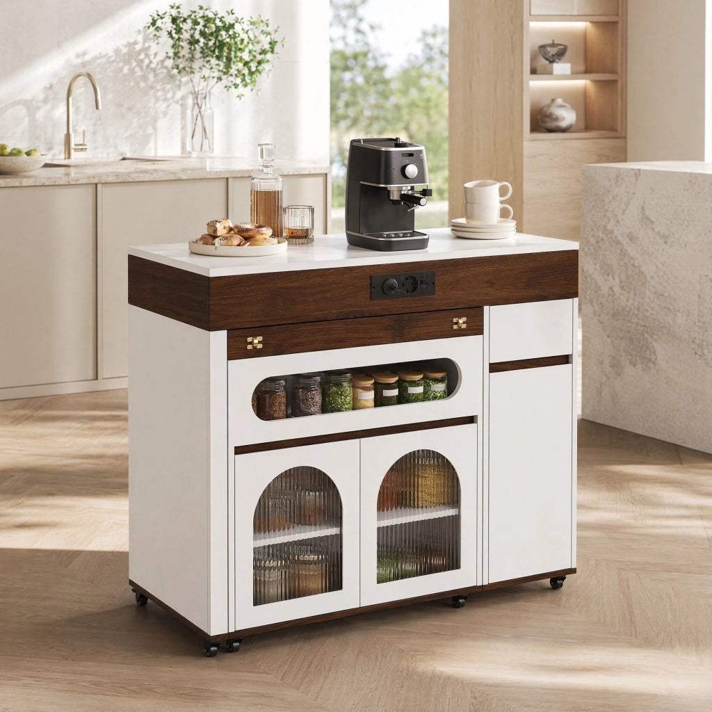 Isola cucina con ruote 110,5 x 50,5 x 95,5 cm bianca e noce con prese