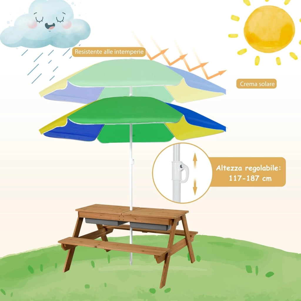 Set Tavolo e Sedie per Bambini da Giardino 3 in 1, con Ombrellone Rimovibile e Regolabile, Piano Rimovibile, Tavolo con Panche in Legno per Bambini da Interno Esterno (Colore 3)