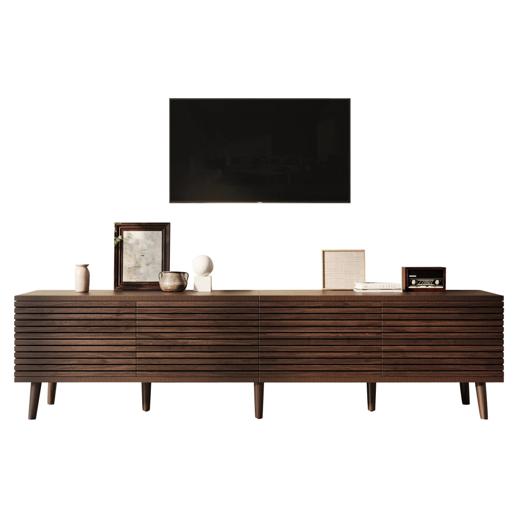Mobile TV 180x40x46 cm per TV fino a 75 pollici, 4 ante a griglia, 6 vani interni, colore noce, MDF e truciolare