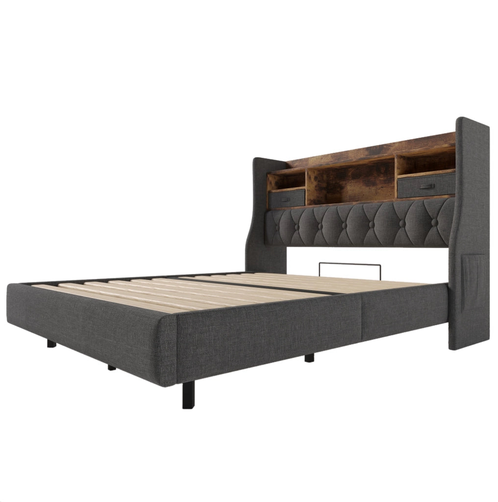 Letto matrimoniale 160x200 cm in lino grigio con LED; testiera con USB e vano contenitore