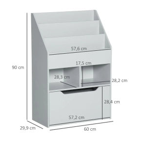 Libreria per bambini grigia con cassetto e ripiani, 60 x 29,9 x 90 cm