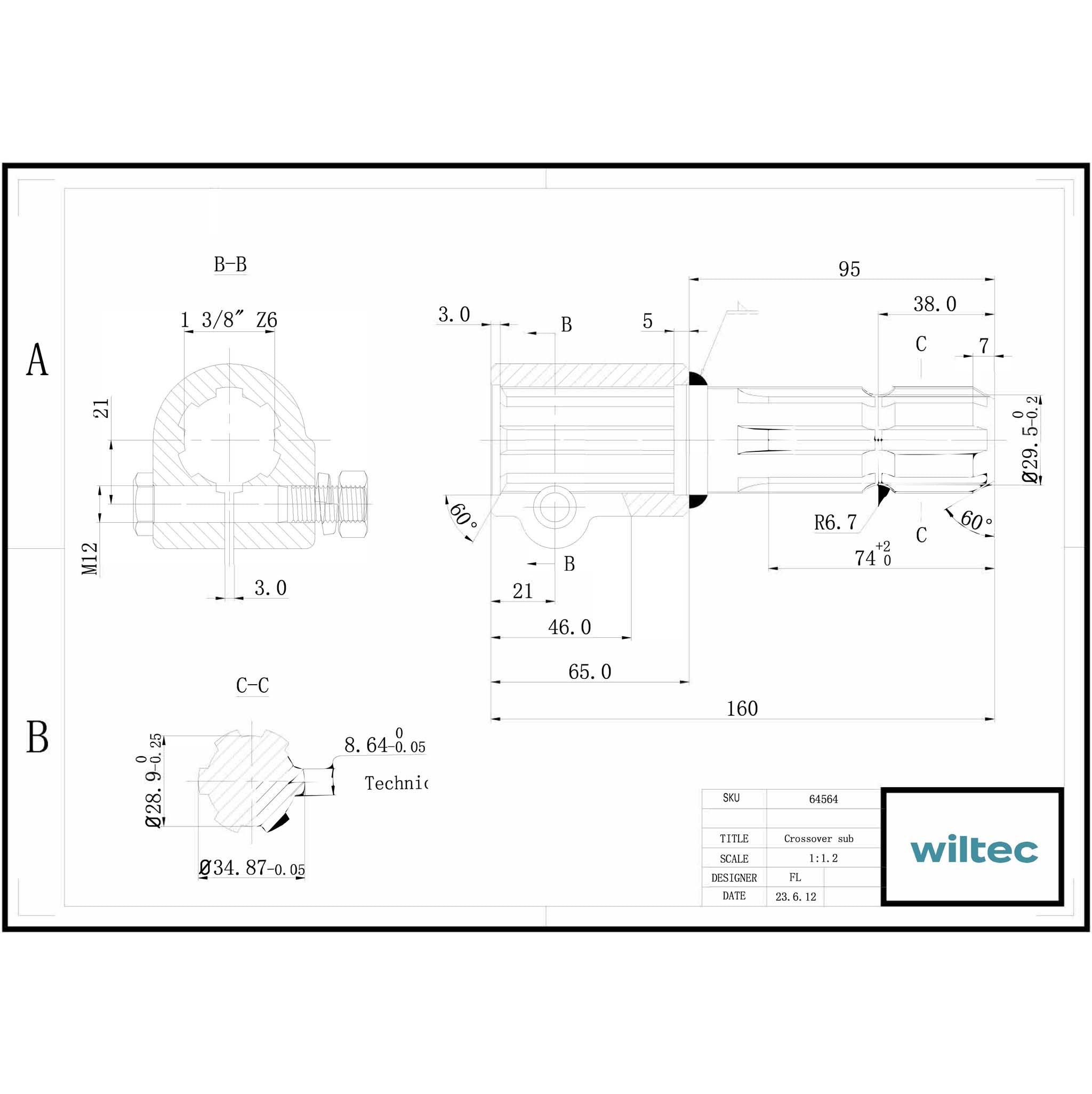 Boccola albero cardanico 160 mm Attacco albero scanalato 1 3/8" 6D Albero uscita 1 3/8" 6D Trattore