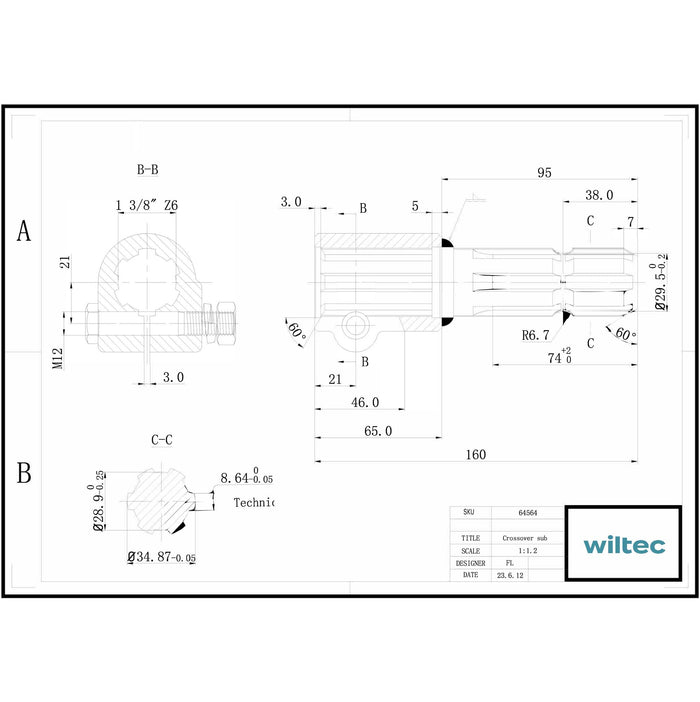 Boccola albero cardanico 160 mm Attacco albero scanalato 1 3/8" 6D Albero uscita 1 3/8" 6D Trattore