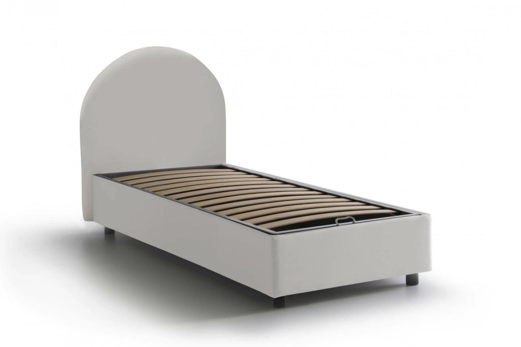 Letto singolo Parco, Letto contenitore con rivestimento in ecopelle, Made in Italy, Apertura laterale, con materasso cm 80x190 incluso, Bianco