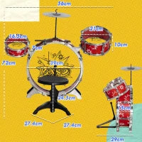 Batteria per Bambini 3-6 Anni a 7 Pezzi con Sgabello e Bacchette, in Plastica e Metallo, 72x29x56 cm, Rosso