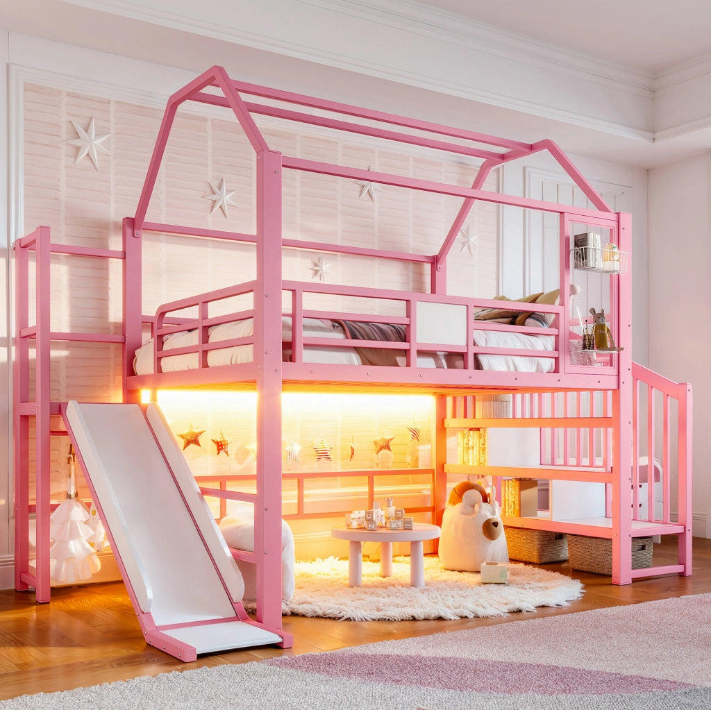 Letto a soppalco ULEVR 140x200 cm a casetta con scivolo, scala con ripiani, LED Bluetooth e barra appendiabiti, rosa