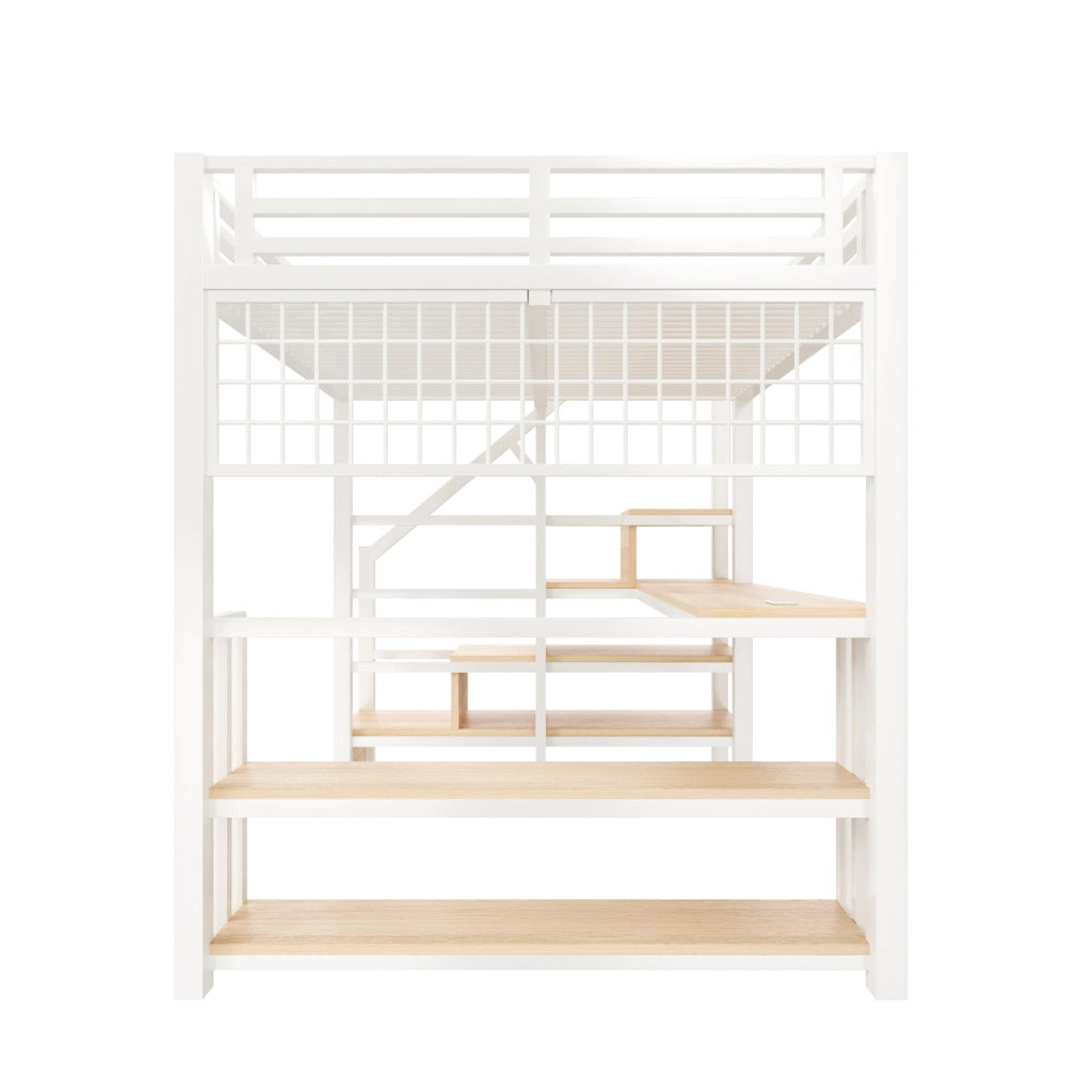 DESMIU Letto a soppalco 2 posti con scrivania, scaffale, griglia, LED regolabile e USB Tipo-C 140 × 200 cm senza materasso