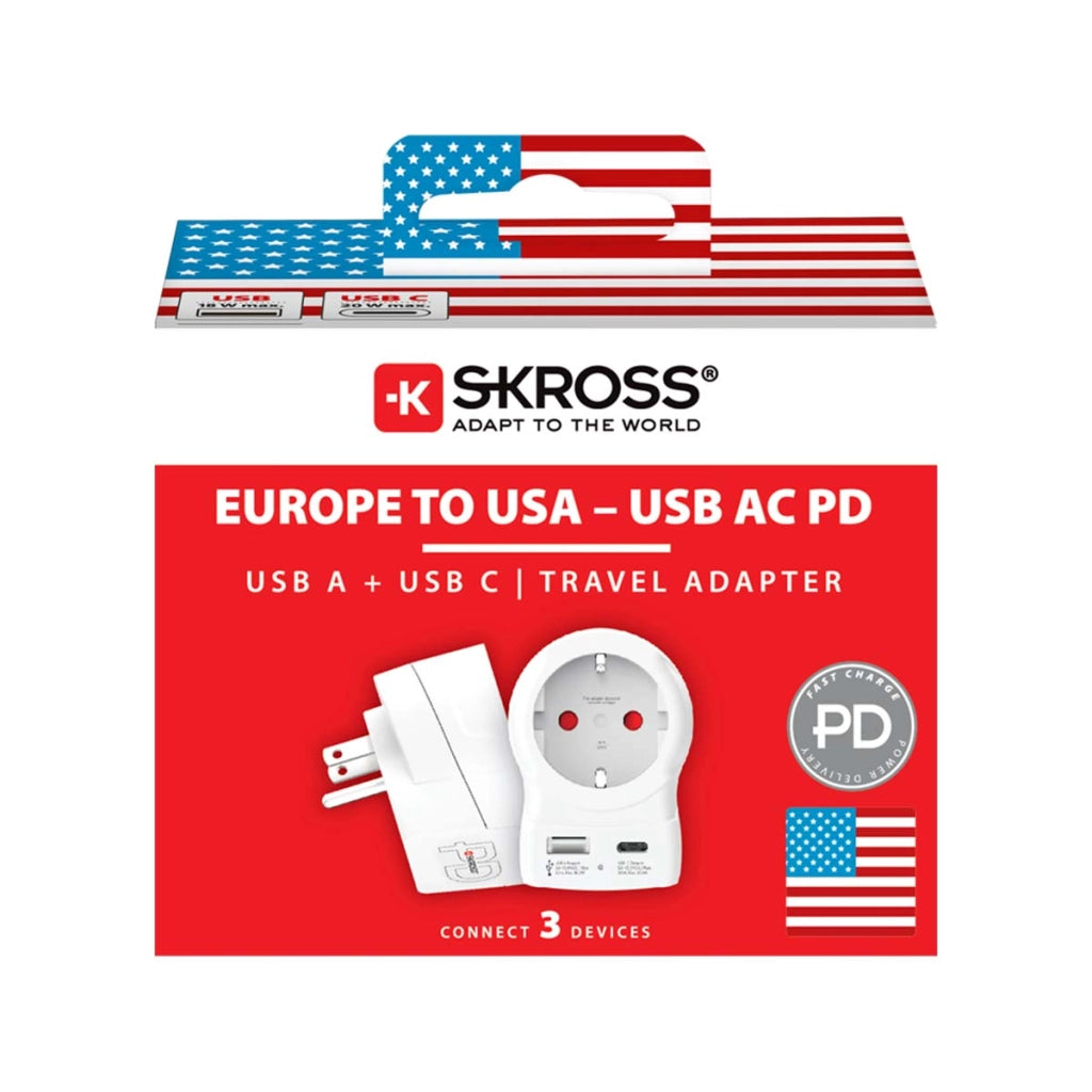 Adattatore di Alimentazione Europa a USA con USB-A / USB-C 16A 4000W Bianco Skross