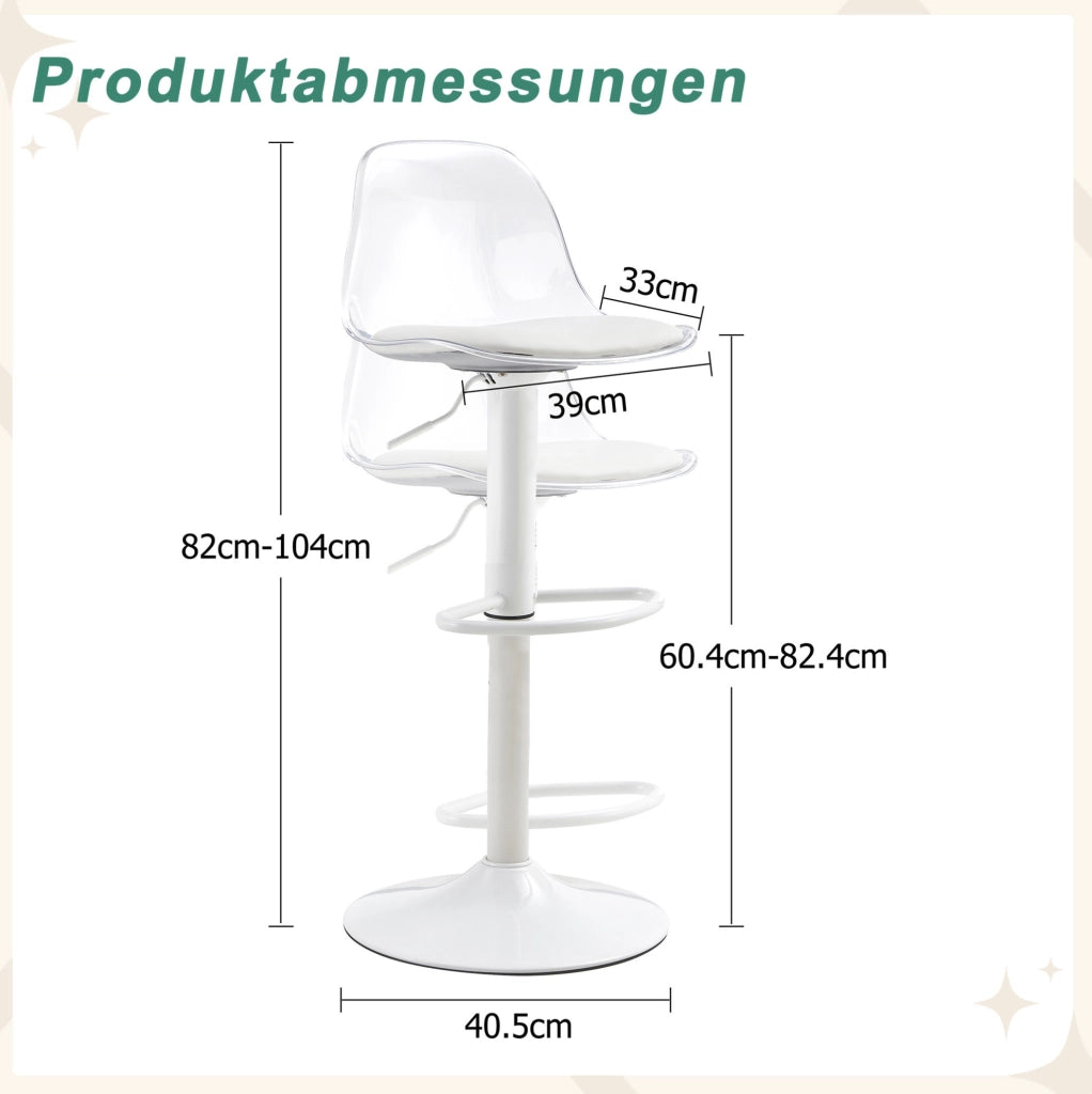 Set 2 sgabelli da bar ULEVR girevoli 360¡ã, altezza regolabile 82-104 cm, schienale trasparente e base bianca