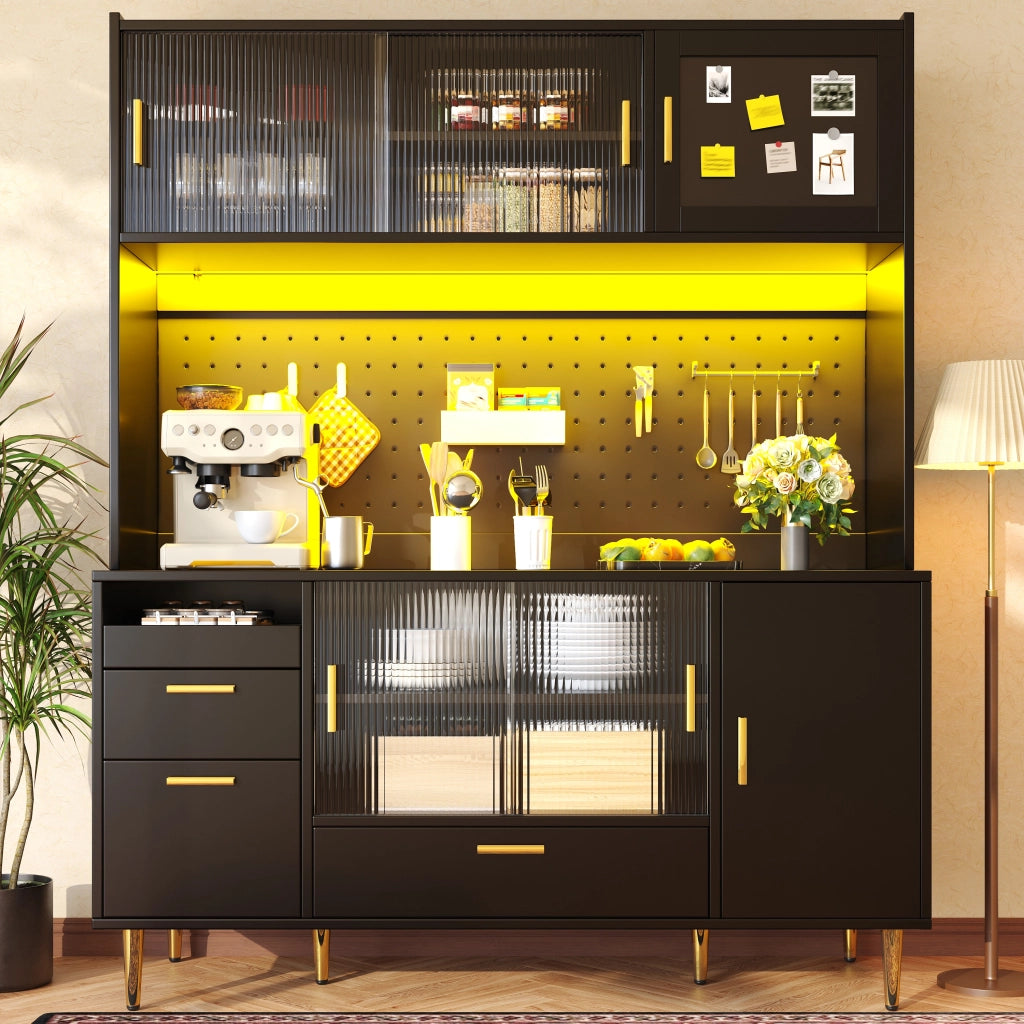 Credenza e madia con LED smart, vani aperti e cassetti, per cucina e sala da pranzo, nero, 140 × 40 × 180 cm