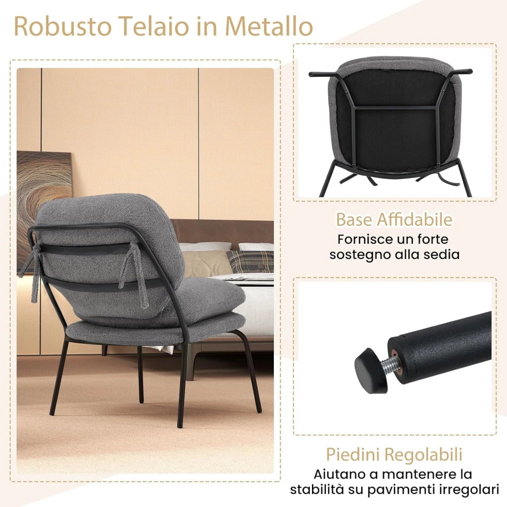 Sedia Sala da Pranzo Imbottita in Tessuto Peluche, Sedia con Cuscino Senza Ruote e Braccioli, Sedia Moderna Comfortevole per Cucina, Salotto, Soggiorno e Camera da Letto, Grigio