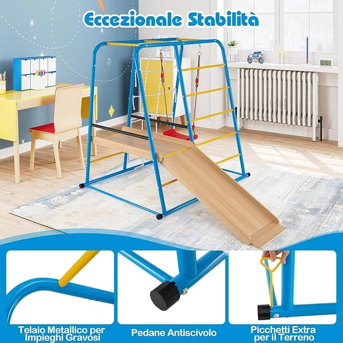 6 in 1 Set da Arrampicata per Bambini, Set Giocattoli di Metallo con Scivolo Altalena Sbarre Scala da Arrampicata e Parete di Corda, Parco Giochi per Bambini 3 Anni+