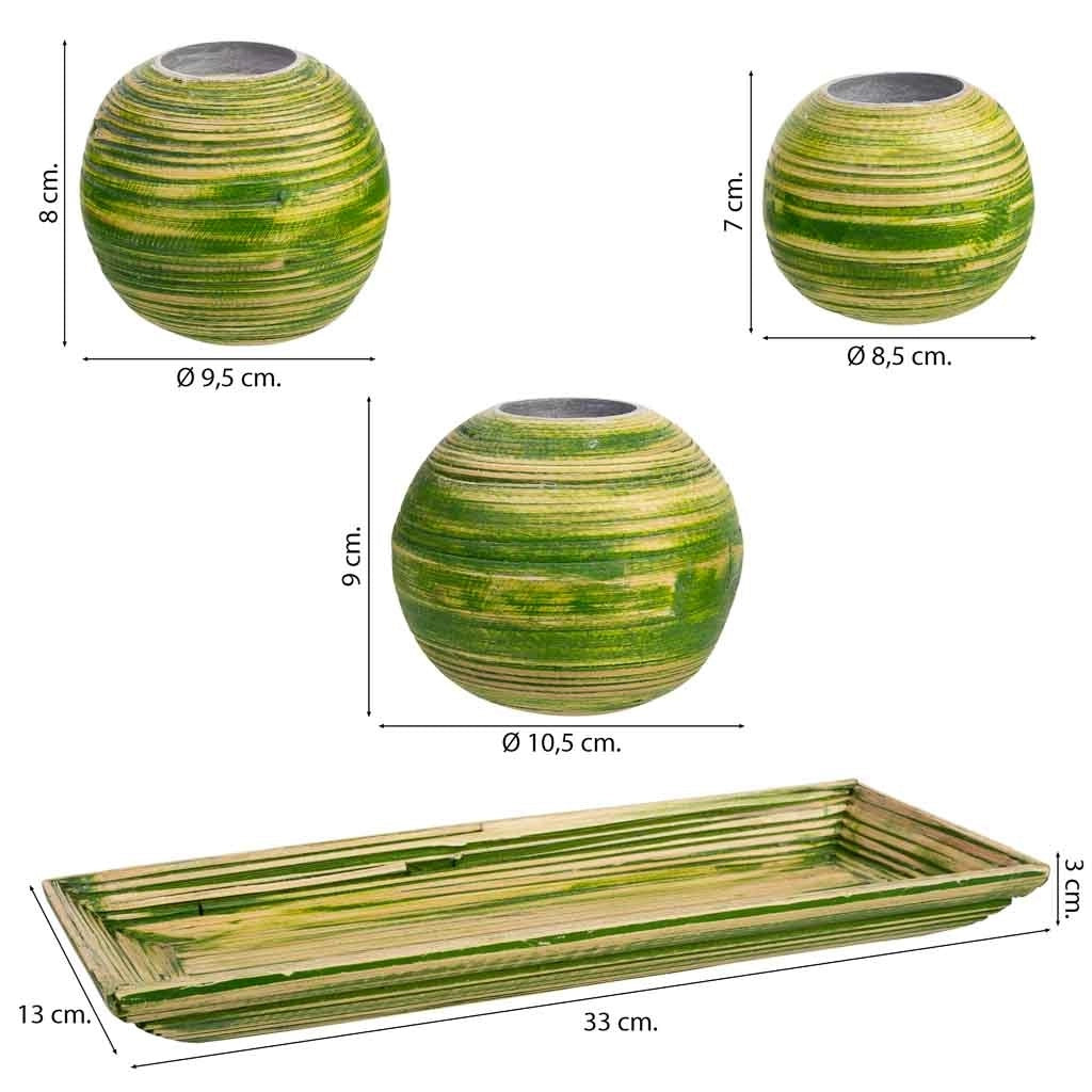 Set vassoio e 3 portacandele in legno di bambù verde 33x13x3h cm