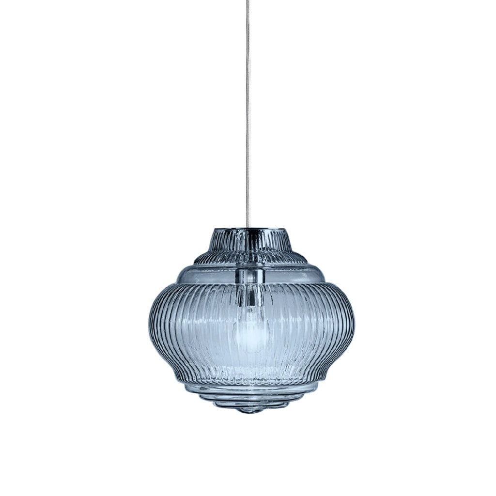Bonnie Lampada a sospensione in vetro soffiato artigianale con lavorazione rigadin colore Bluino, diametro 27.5 cm, struttura metallo grigio, E27