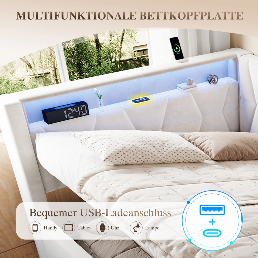 LETTO Contenitore 140x200 cm Velluto Beige con USB, Type-C e LED
