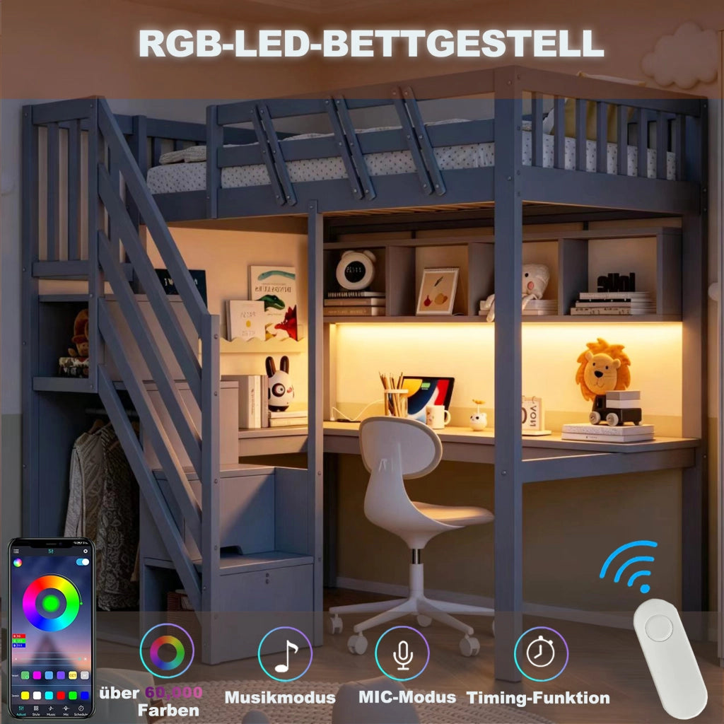 Letto a soppalco 90x200 cm con scala contenitore; scrivania; USB e LED; legno massello grigio
