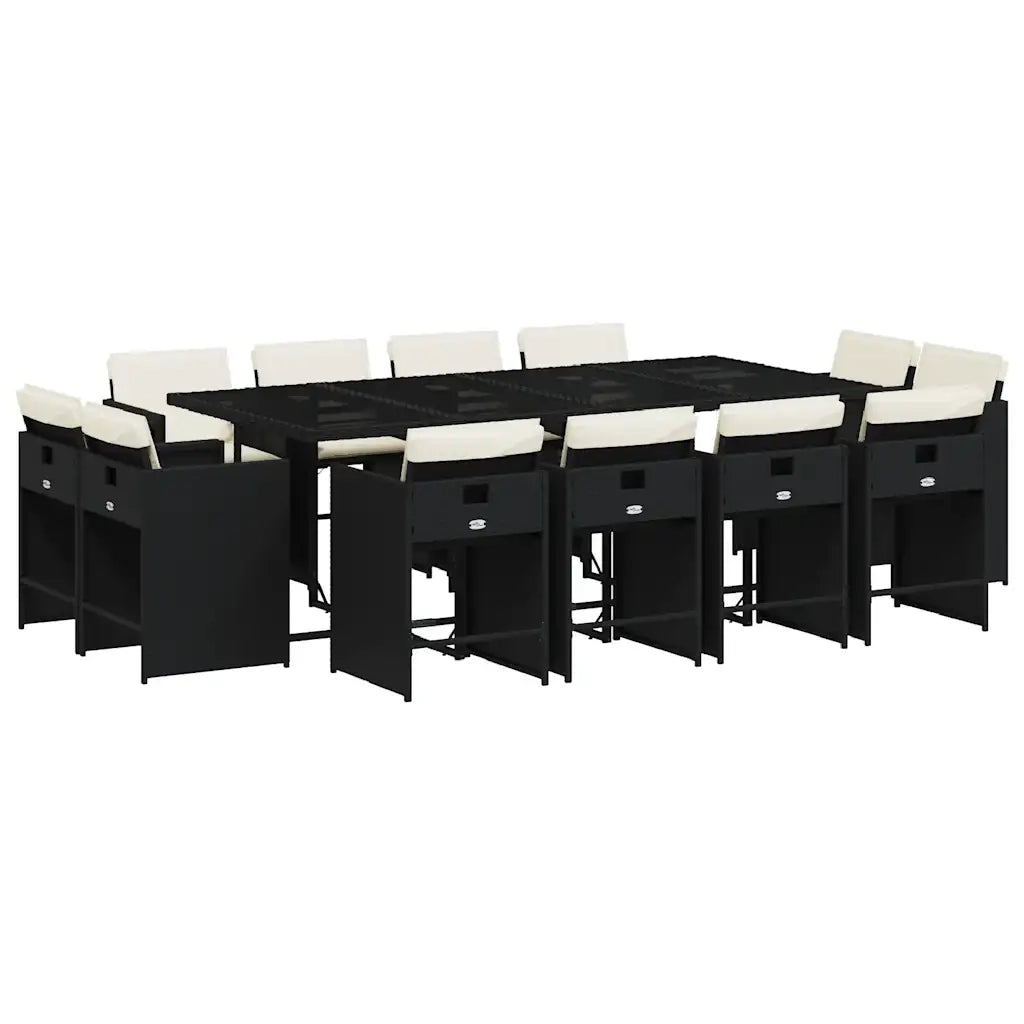 Set da Pranzo da Giardino 13pz con Cuscini Nero in Polyrattan