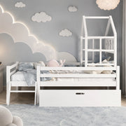 DESMIU Letto a soppalco per bambini 1 posto con barriera, scaletta larga e cassetto, 90 × 200 cm, senza materasso, bianco