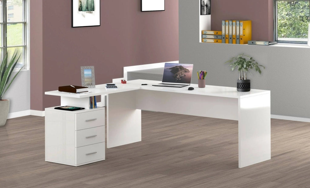 Ascuby, Scrivania Angolare Made in Italy, 180x60x75h cm Bianco Lucido