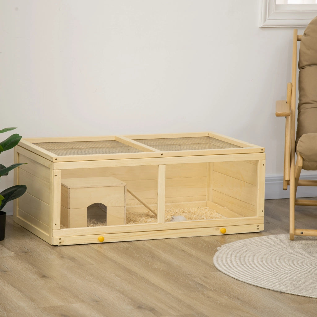Casetta per Criceti in Legno con Tetto Apribile, Pannello in Acrilico e Cassetto Estraibile ¨C zephmum ¨C 100x58x38 cm Naturale